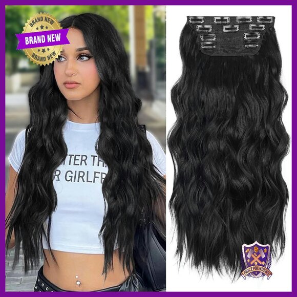24 Inch Clip-In Synthetic Hair Extensions 4PCS Thick Wavy Wefts